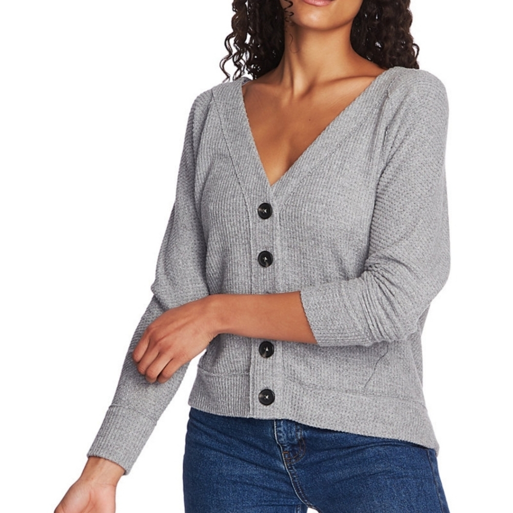 1.STATE Long sleeve Grey V-neck Cardigan Sweater Vest Sweatshirt - size MEDIUM